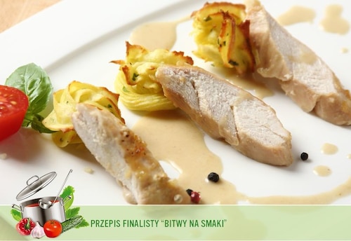 Glazurowane polędwiczki z kurczaka w aksamitnym sosie szampańskim z ziemniacz...