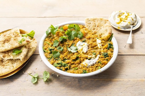 Przepis na Indyjski Dhal Masala z pomarańczowymi pomidorkami i szpinakiem Indyjski Dhal Masala z pomarańczowymi pomidorkami i szpinakiem