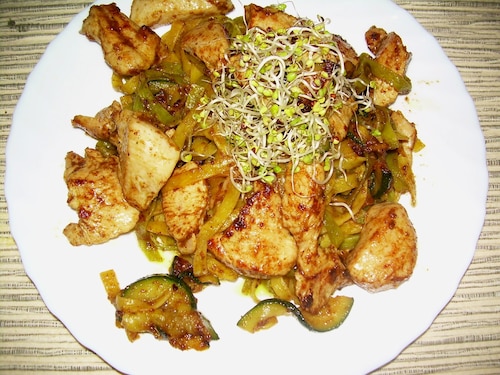 Kurczak z cukinią i zieloną pastą. 