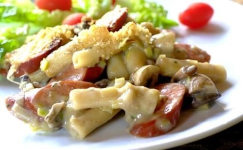 Makaron rigatoni z pieczarkami i chorizo