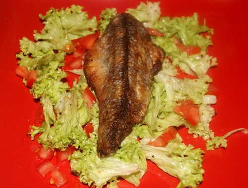 Smażona  nototenia z sałatą z cytrusowym dresingiem 