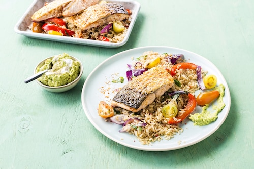 Przepis na Smażony łosoś z ryżem i awokado purée Smażony łosoś z ryżem i awokado purée